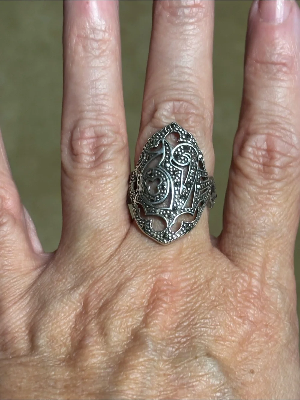 Sterling Silver Filigree Marcasite Cocktail Ring - Silver